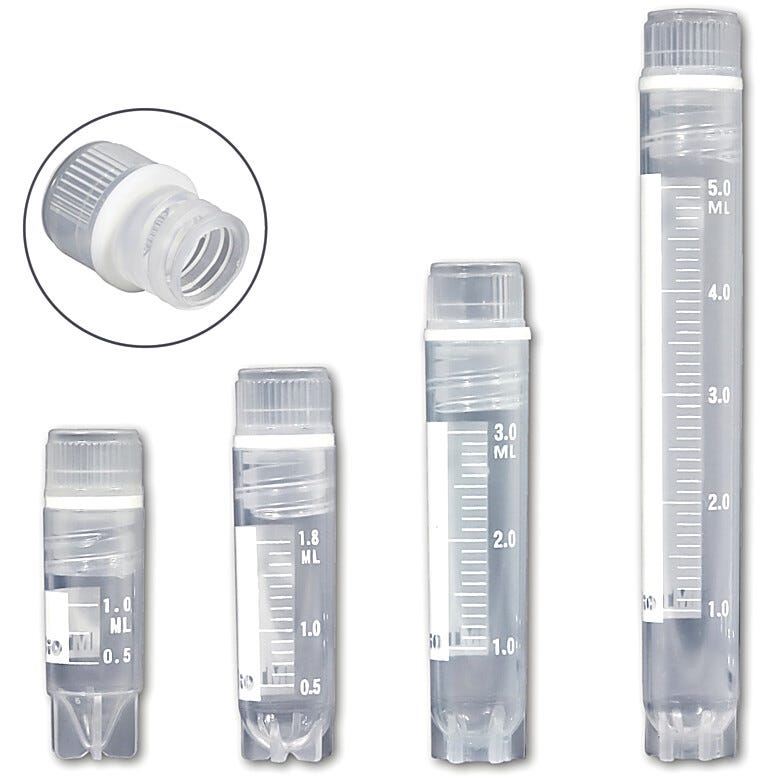Self-standing internally threaded cryogenic vial with printed graduations and marking area