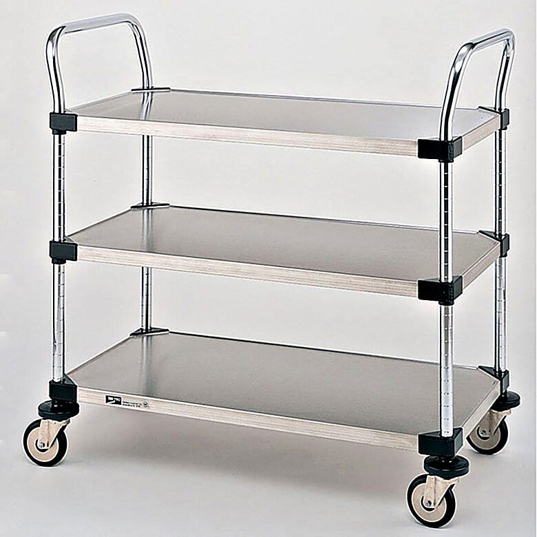 Stainless steel and Chrome Plated Utility Carts by InterMetro includes three solid steel shelves, handles and four casters | 1401-45 displayed