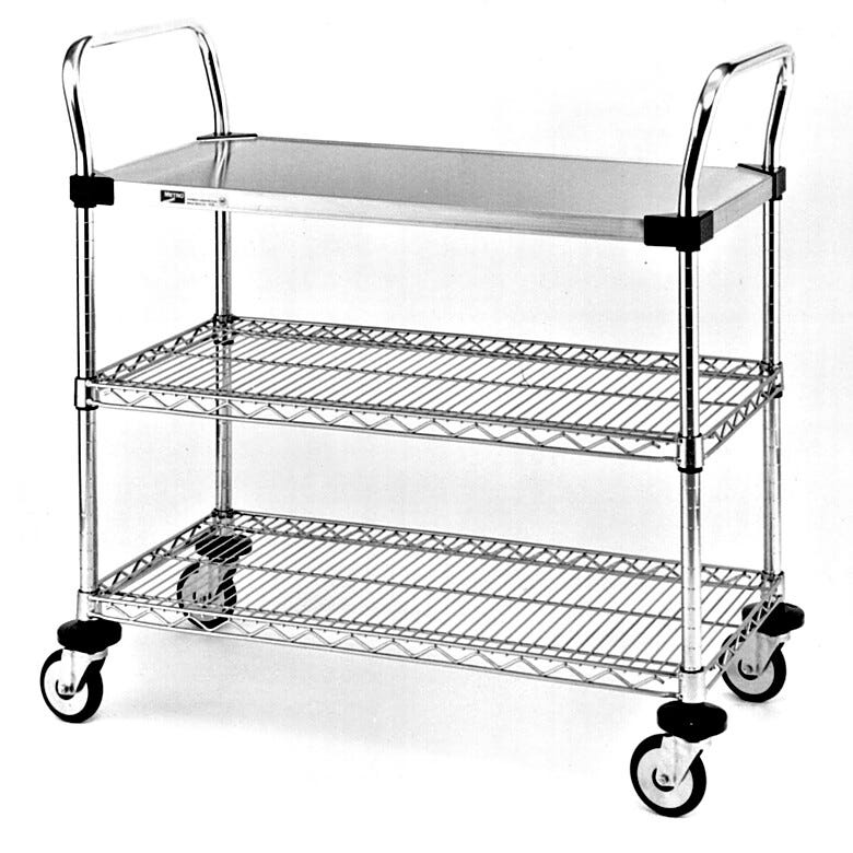 Stainless steel and Chrome Plated Utility Carts by InterMetro includes two wire and one solid steel shelf, handles and four casters | 1401-54 displayed
