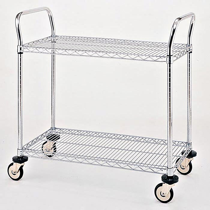 Stainless steel and Chrome Plated Utility Carts by InterMetro includes two sire steel shelves, handles and four casters | 1402-38 displayed