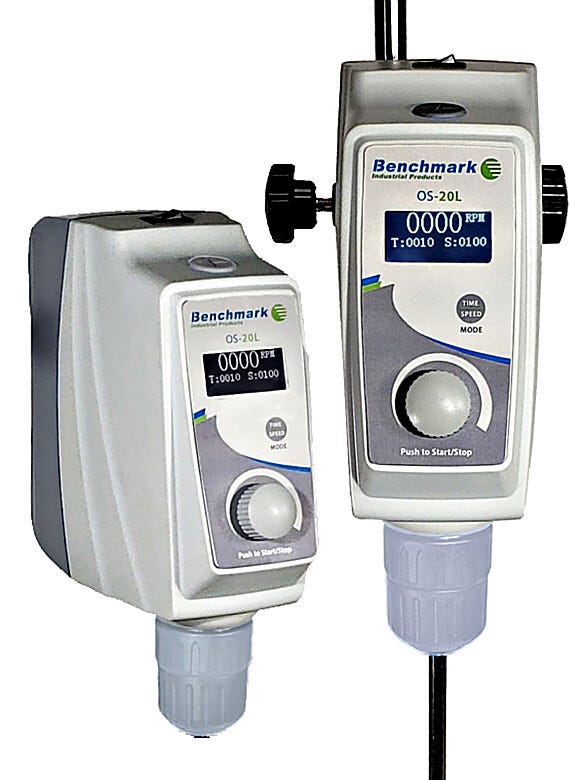 High torque 20L and 40L Overhead Stirrers by Benchmark Scientific for low to medium viscosity samples includes a stand and a 4-arm stainless steel propeller; av  |  6927-PP-07 displayed