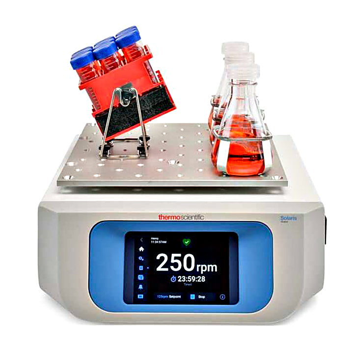 Solaris SK2000PR and SK4000PR Open-Air Orbital Shaker bundle models include a removable platform and your choice of adhesive sticky mats or flask clamp starte
