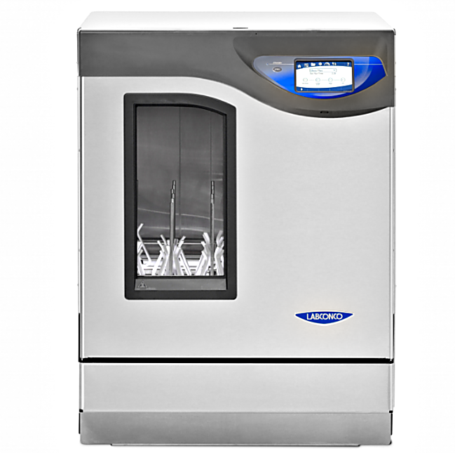 SteamScrubber models with a viewing window and LED light for wide-neck glassware and beakers heat up to 199° F (93° C); includes upper and lower SS racks