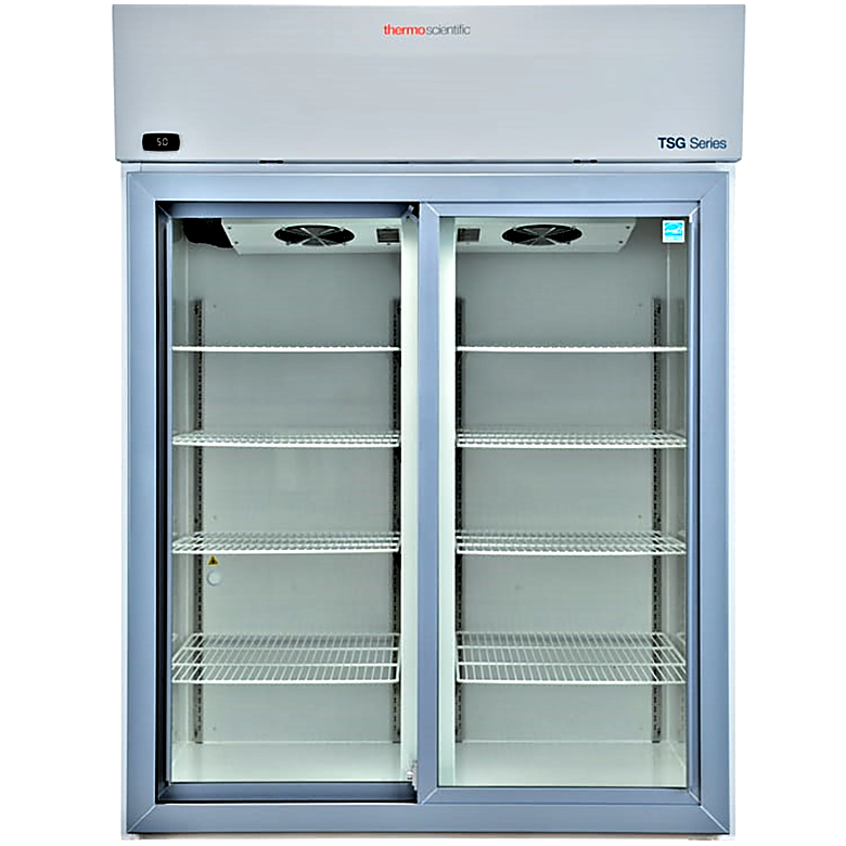 Energy-efficient 45.8 cu. ft. TSG4505GA Sliding Glass Doors Lab Refrigerator by Thermo Fisher Scientific with a 2–8°C range includes 4 casters and 8 shelves