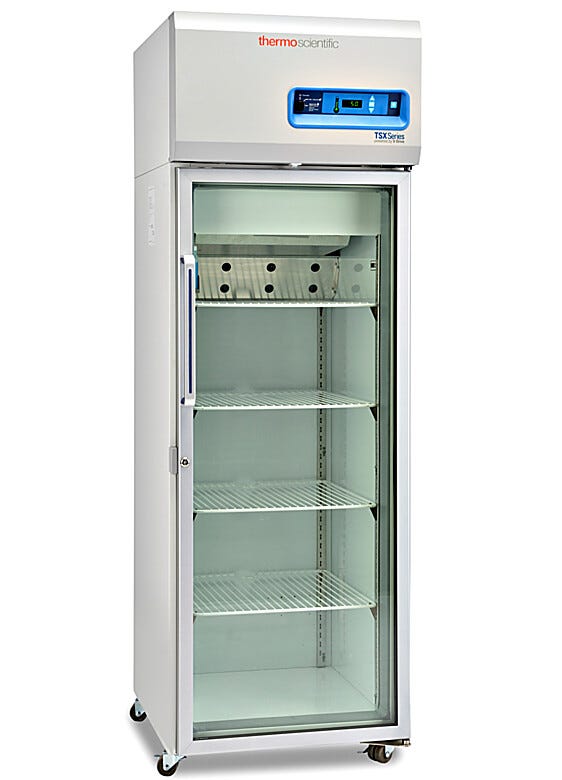 Single-glass door 326L TSX High-Performance Refrigerator by Thermo Fisher Scientific includes 4 shelves and casters; GMP Clean Room Class A/ISO 6 compatible | 1621-07 displayed