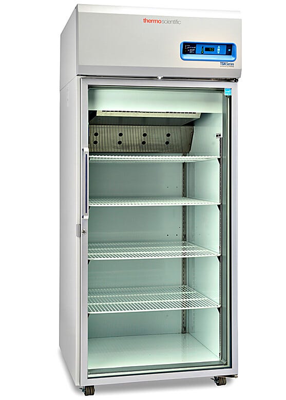 Single-glass door 827L TSX High-Performance Refrigerator by Thermo Fisher Scientific includes 4 shelves and casters; GMP Clean Room Class A/ISO 6 compatible | 1621-09 displayed