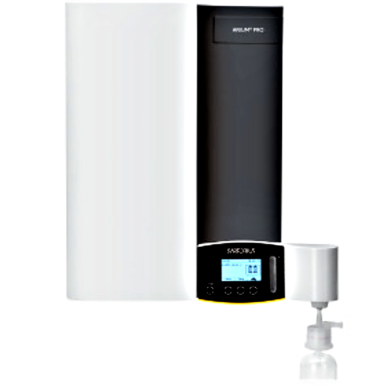 Wall-mount Arium Pro by Sartorius with touchscreen display and 2L/min flowrate exceeds ASTM Type 1 water standards; UF, UV, VF and DI models available  |  1017-37 displayed