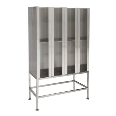 304 stainless steel cubbies with slotted footplates, double-sided with 16 compartments, 8 per side  |  4955-04 displayed