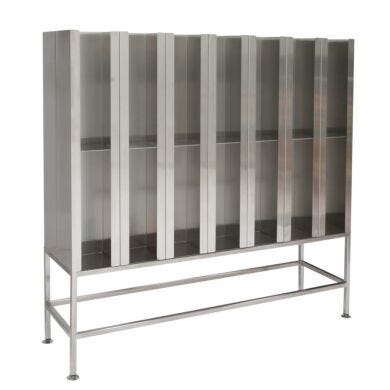 304 stainless steel cubbies with slotted footplates, double-sided with 28 compartments, 14 per side  |  4955-05 displayed