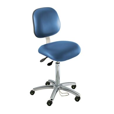 Type I blue or black cleanroom chair from BioFit includes a ergonomic back cushion, chrome plated base and casters