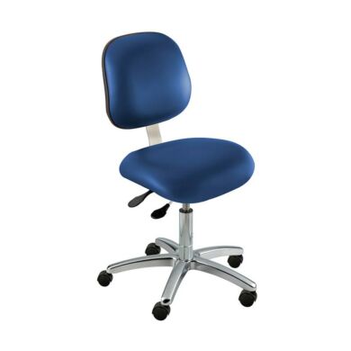 Class 100 Ergonomic Cleanroom Chairs features blue or black ergonomic backrest, fixed footring, and a tubular base with casters