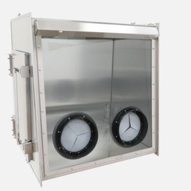 Stainless Steel Series 600 Full-View Glove Box, shown with optional side door and iris adapter  |  9670-01B
