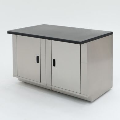48” wide stainless steel base cabinet with epoxy table top resists common organic compounds, acids, and solvents; ideal for biochemistry labs  |  