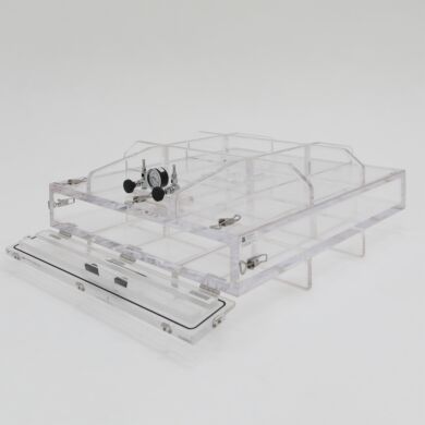 Acrylic vacuum chamber with extra wide mouth and hinged door lets you easily feed long parts through for speedy and hassle-free transfer  |  