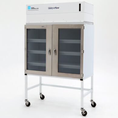 Mobile laminar flow cabinet with UPS battery system; ISO 5 Class 100 positive-pressure particle-free HEPA filtration; chemical resistant polypropylene design  |  9715-06 displayed