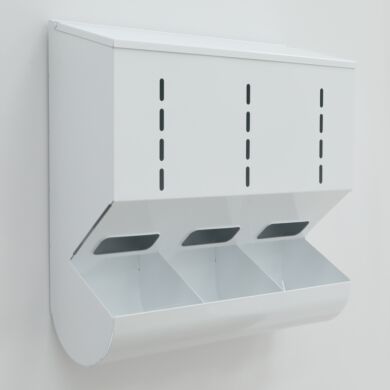 Wall-mounted, gravity-fed glove dispenser, 3-chambers, powder-coated steel  |  4951-32-2-PC displayed
