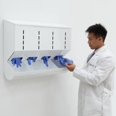 Wall-mounted, gravity-fed glove dispenser, 5-chambers, powder-coated steel  |  4951-33-2-PC displayed