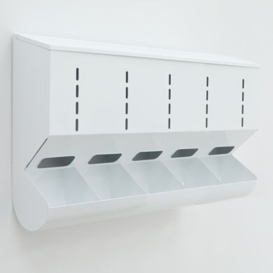 Wall-mounted, gravity-fed apparel dispenser, 5-chambers, powder-coated steel  |  4951-29-2-PC displayed