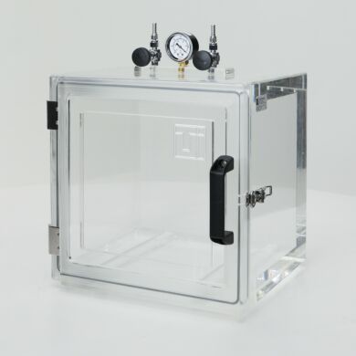 Acrylic vacuum chamber; 11.5”W x10”D x11.5”H, 1.5” walls, front-swinging door, vacuum pressure gauge with two needle valves, adjustable shelves  |  