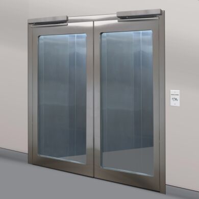 Stainless steel double doors with automatic door openers and full view flush mount windows  |  