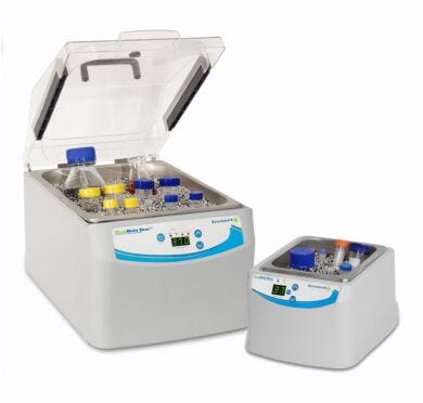 2L and 10L BeadBath Duo(™) by Benchmark Scientific with thermal beads and test bottles in containers