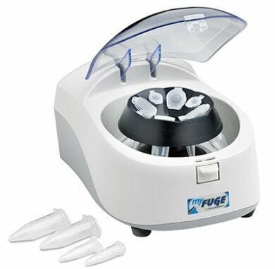 MyFuge 5 Micro Centrifuge offers a 4-position rotor for  quick spin downs of 5 ml centrifuge tubes  |  2825-08 displayed