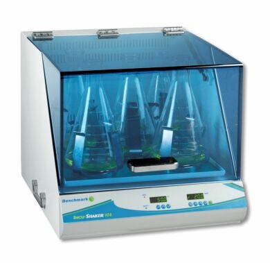 Benchmark Scientific’s Incu-Shaker™ 10L offers digital temperature control with variable shaking speed (shown with optional flask clamps)  |  2823-00 displayed