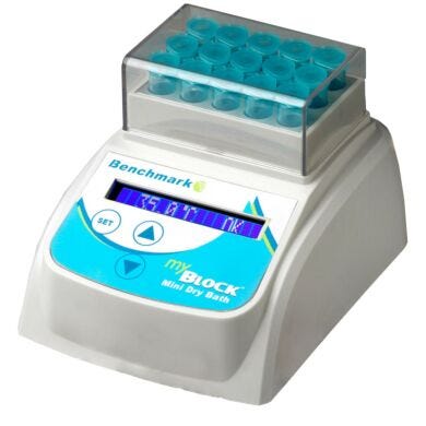 The myBlock™ Mini Dry Bath by Benchmark Scientific features a compact size to conserve bench space  |  2818-00 displayed