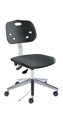 Biofit black Armorseat desk chair includes polypropylene seat and backrest, cast aluminum base, and dual-wheel casters for ESD applications