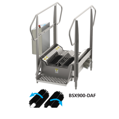 Stainless steel BSX900 Compact Walk Through Dual Sole Boot Scrubber by Best Sanitizers with 2 long horizontal brushes accommodates 15-25 users per minute, 115V  |  5608-31 displayed