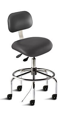 Biofit ISO5 black high bench chair includes a wide seat, tubular steel base, footring, large trapezoid backrest and dual-wheel casters for ESD applications