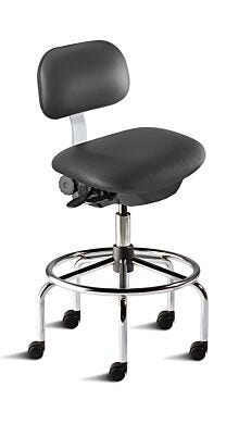 Biofit ISO4 black high bench chair includes high profile tubular steel base, dual-wheel casters, footring and concave seat with internal seat board bumperguard