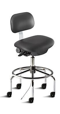 Biofit ISO4 black high bench chair includes tubular steel base, dual-wheel casters for ESD applications, large backrest and footring