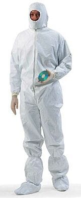 ProClean disposable garments are three times cleaner yet cost less than traditional disposables; shown with coveralls, hood, boots  |  1350-52 displayed
