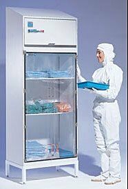 Type C Cleanroom Garment Storage Cabinet features a full cabinet with optional shelves for cleanroom garments and materials  |  4205-21C displayed