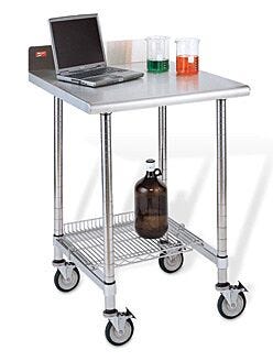 InterMetro laboratory work table with stainless steel surface and backsplash and three-sided frame, shown with caster and optional wire shelf  |  