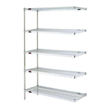 Complete 5-shelf add-on system by Eagle Group with adjustable open-wire shelves easily attaches to existing shelving system; available in low cost chrome-plated