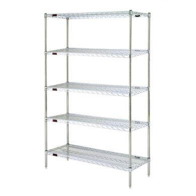Complete 5-shelf system by Eagle Group with adjustable open-wire shelves is available in low cost chrome-plated steel or corrosion resistant stainless steel