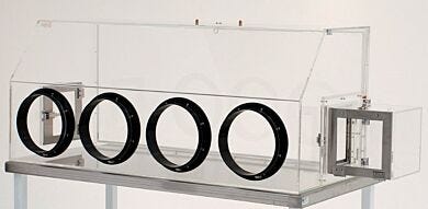 Series 100 Acrylic Glove Box shown with optional airlock and Relief/Bleed valves.  |  1689-16G displayed