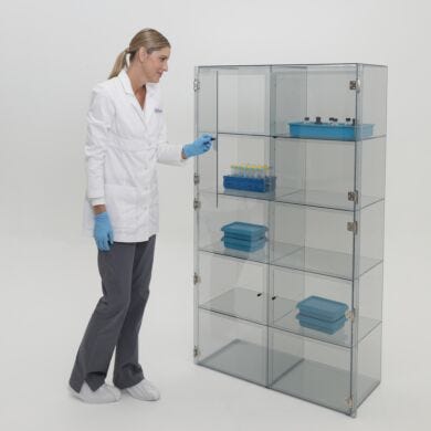Plastic cleanroom storage cabinet with 10 chambers, 4 doors; ESD-safe design features static-dissipative PVC and grounding tape to door hinges  |  