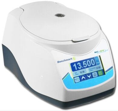 Cold-room safe Benchmark Scientific MC-24 Touch Microcentrifuge features a large full color touchscreen that displays speeds in rpm and rcf  |  2829-PP-15 displayed