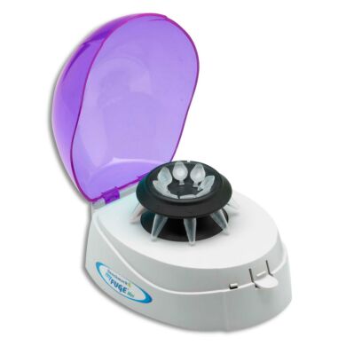 myFuge Mini lab centrifuge from Benchmark Scientific with transparent purple lid  |  2812-07 displayed