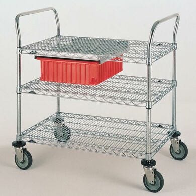 Stainless steel and Chrome Plated Utility Carts by InterMetro includes three wire steel shelves, handles and four casters  |  