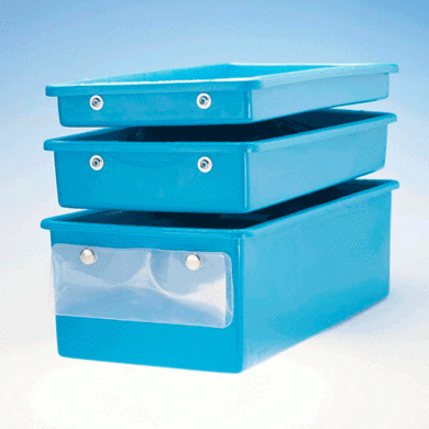 Tote boxes shown with snap-on labeling pouches  |  6000-04 displayed
