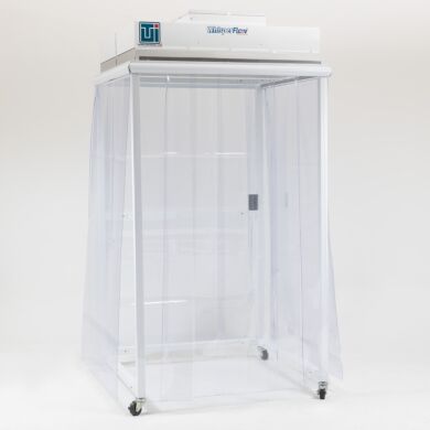 The Portable CleanBooth wheels into position above a workbench or equipment to provide ISO 5-compliant flow of HEPA-filtered air  |  
