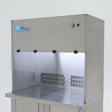 Stainless steel ISO 5 recirculating vertical laminar flow hood with adjustable rear vents; 48”w, mounted on a base cabinet (sold separately)  |  1688-91B-48-SS-R displayed