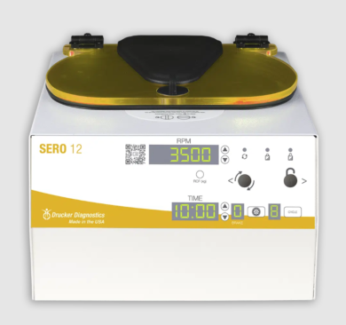SERO 12 Blood Banking Centrifuge with a 12-place swing out rotor, safety lid, and 10 user settings spins 6 caped or 12 uncapped 75-100 mm tubes; 3,400 rpm  |  1717-68 displayed