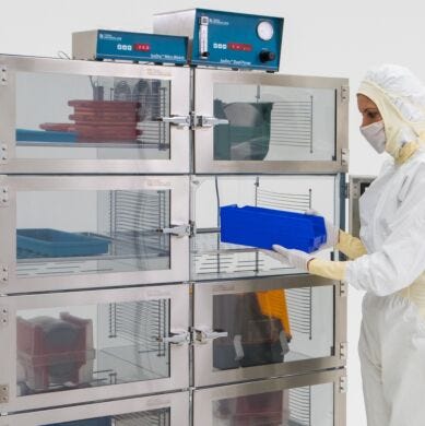 IsoDry nitrogen desiccator cabinets provide unsurpassed humidity uniformity; acrylic lends strength and visiblity of stored parts. Shown with optional controlle  |  