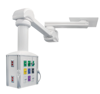 Customizable single-mount operating room pendants feature a 340 degree rotation, eight integrated rails, adjustable shelves and seamless infection control