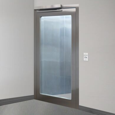 Left hand reverse stainless steel door with full view tempered glass window and automatic opening sensor  |  